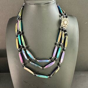 Iridescent Glass Bead Necklace Peacock Decorative Rhines Clasp